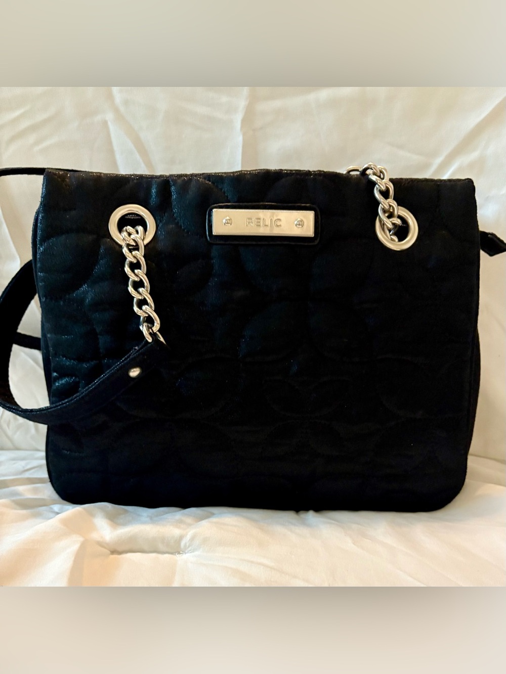 Relic Black Quilted Velvet Shoulder Bag Purse Silver Chain Strap